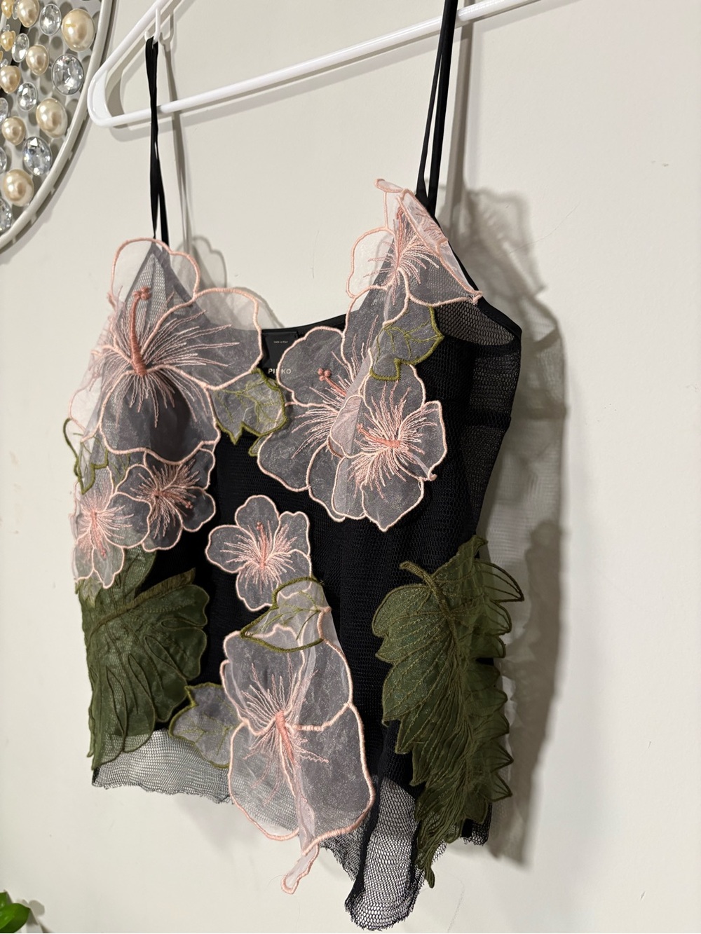 PINKO Floral Applique Black Mesh Cami with Pink & Olive Embroidery Size: XS